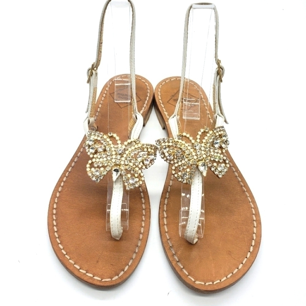 Emanuela Caruso Women EU 39 white butterfly leather sandals flats thongs gems